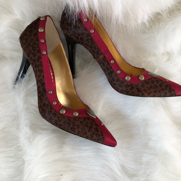 Hale Bob Shoes - Hale Bob Pony Hair leopard print leather red satin